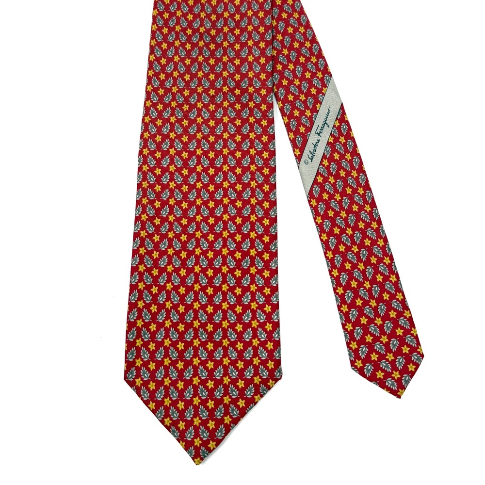 Salvatore Ferragamo Silk Red Star Leaf Print‎ Necktie 3.5" Wide Mens Italy
